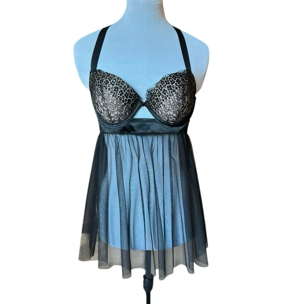 Victoria's Secret Black Babydoll Lingerie Lace Padded Bra | Sheer Mesh 36C NWOT